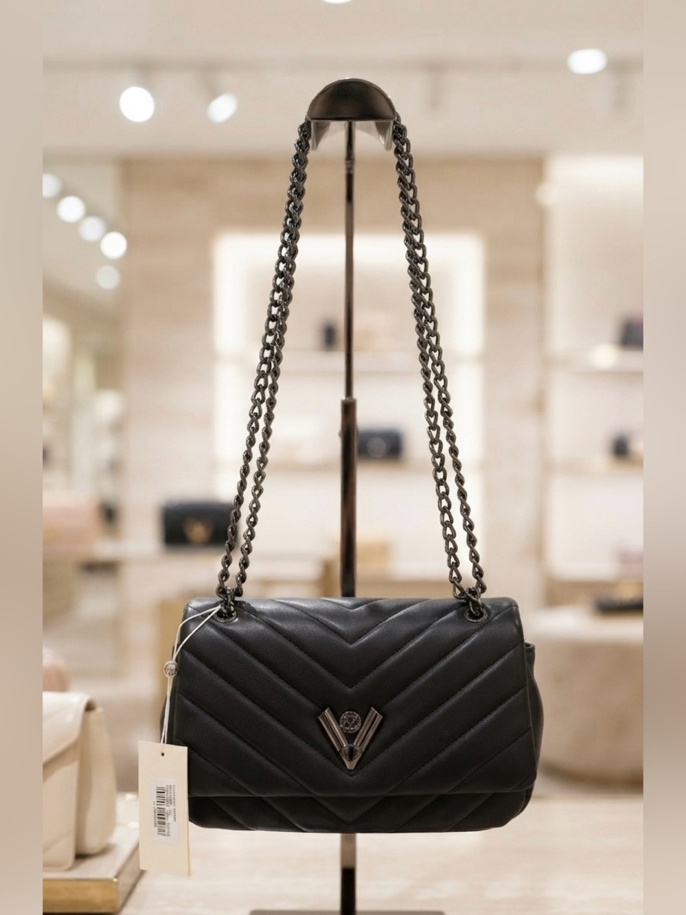 NWT Valentino Orlandi Black Vegan Leather Quilted Gunmetal Chain Shoulder Bag